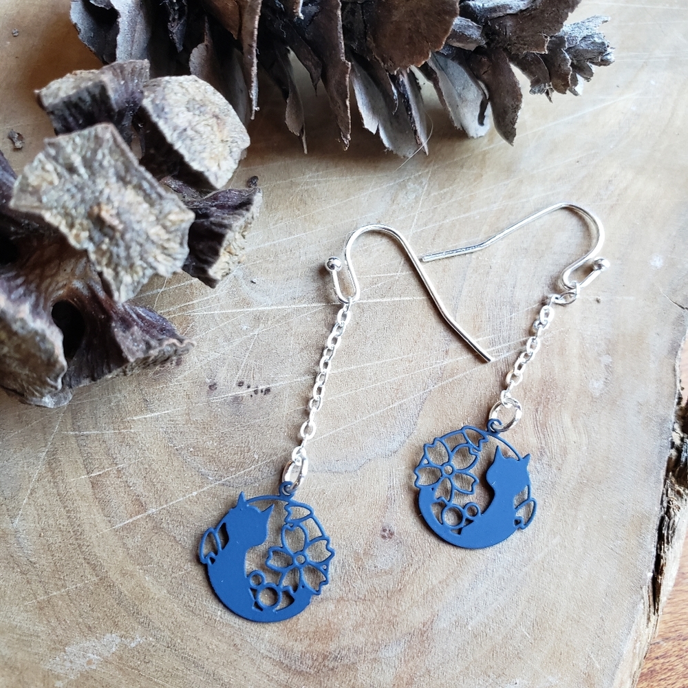 Handmade Kitty Cat by the Flower & Chain Earrings